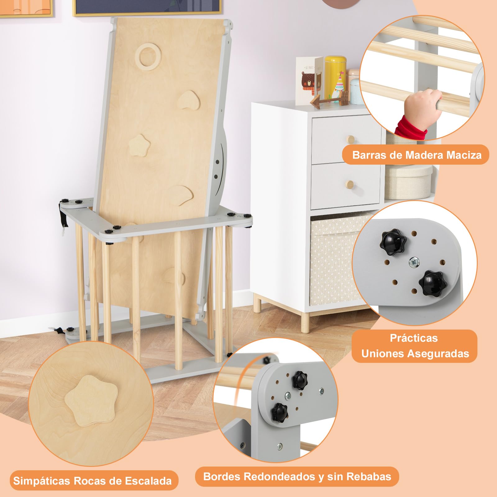 COSTWAY Juego de Escalada Montessori, Escalador de Madera Plegable con Rampa Ajustable y Reversible, Rocas de Escalada Coloridas y Balancín, Gimnasio de Escalada Interior para Niños (Gris)