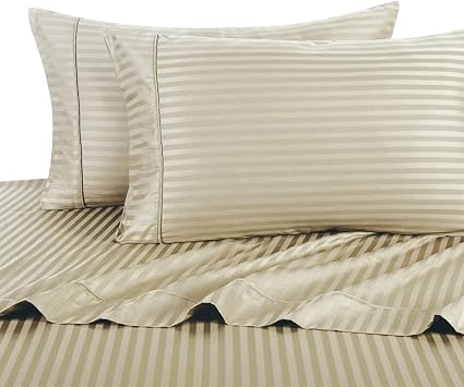 Full Size Sheets, Beige, 100% Cotton Sheets, Deep Pocket, Cool Cotton Sateen, Smooth Striped Pattern Weaved Bed Sheets