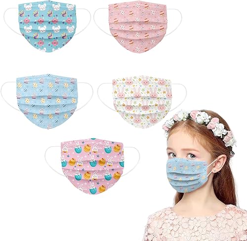 50 mascarillas desechables de Pascua para niños, 3 capas con estampado de conejohuevos, transpirables, con alambre para la nariz, unisex para niños