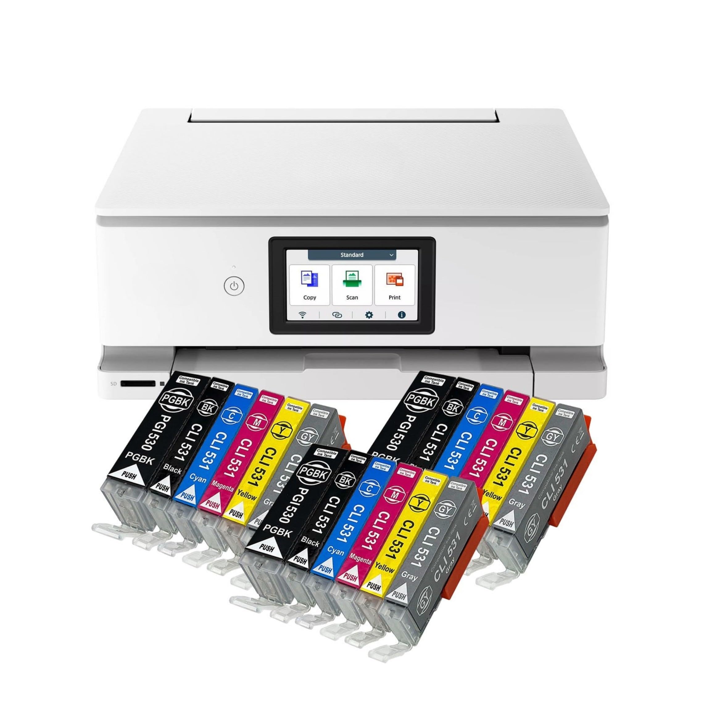 IC-Office TS8751 - Impresora multifunción de inyección de tinta 3 en 1 (impresión, copia, escaneo, tarjeta SD, dúplex, Wi-Fi, AirPrint), color blanco + 18 cartuchos de tinta XXL
