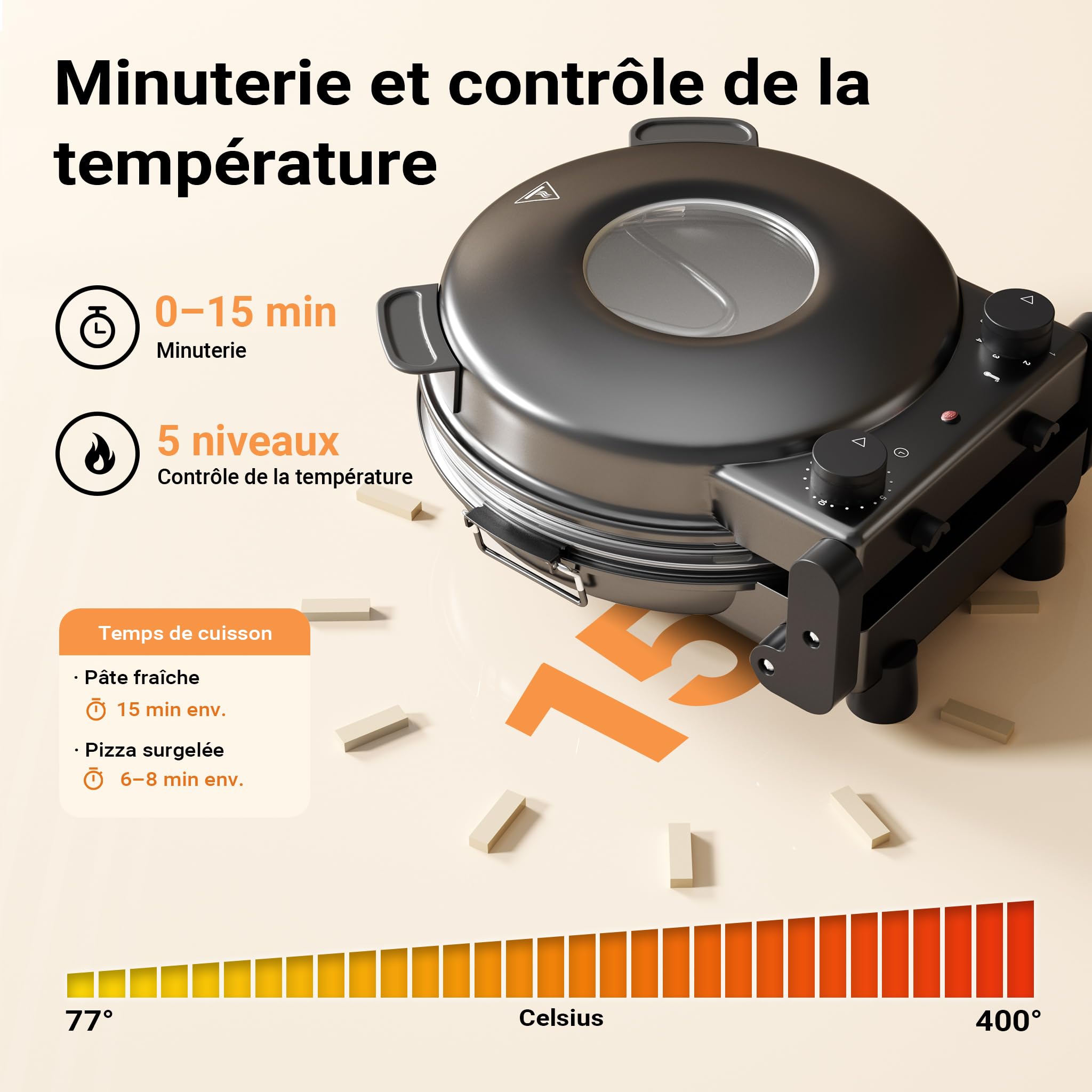 Wiltec Mini four à pizza avec plaque en pierre céramique – 360 x 360 x 180 mm – 400 °C max. – avec Plaque en pierre céramique Ø 32 mm, Fenêtre de visualisation, 2 Éléments chauffants et Minuterie