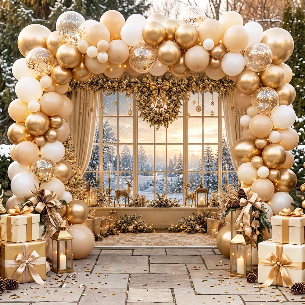 MEHOFOND Telón de fondo dorado para ventana de árbol de Navidad, 3 x 2,1 m