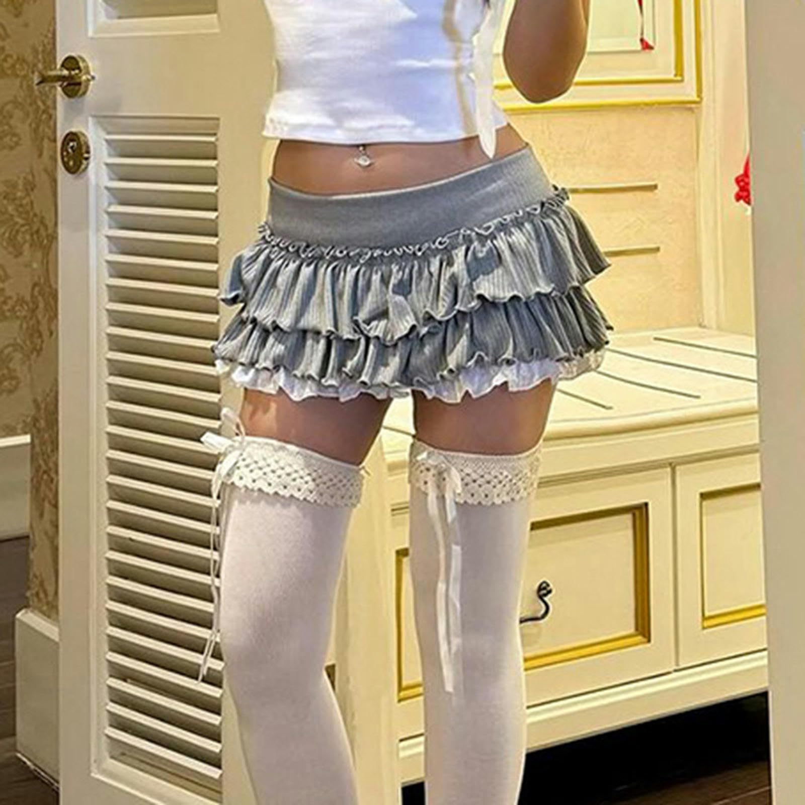 Falda Corta de Cintura Alta con Costuras de Doble Capa de Color contrastante básico Falda de Pastel de Princesa para niña-Gris-L