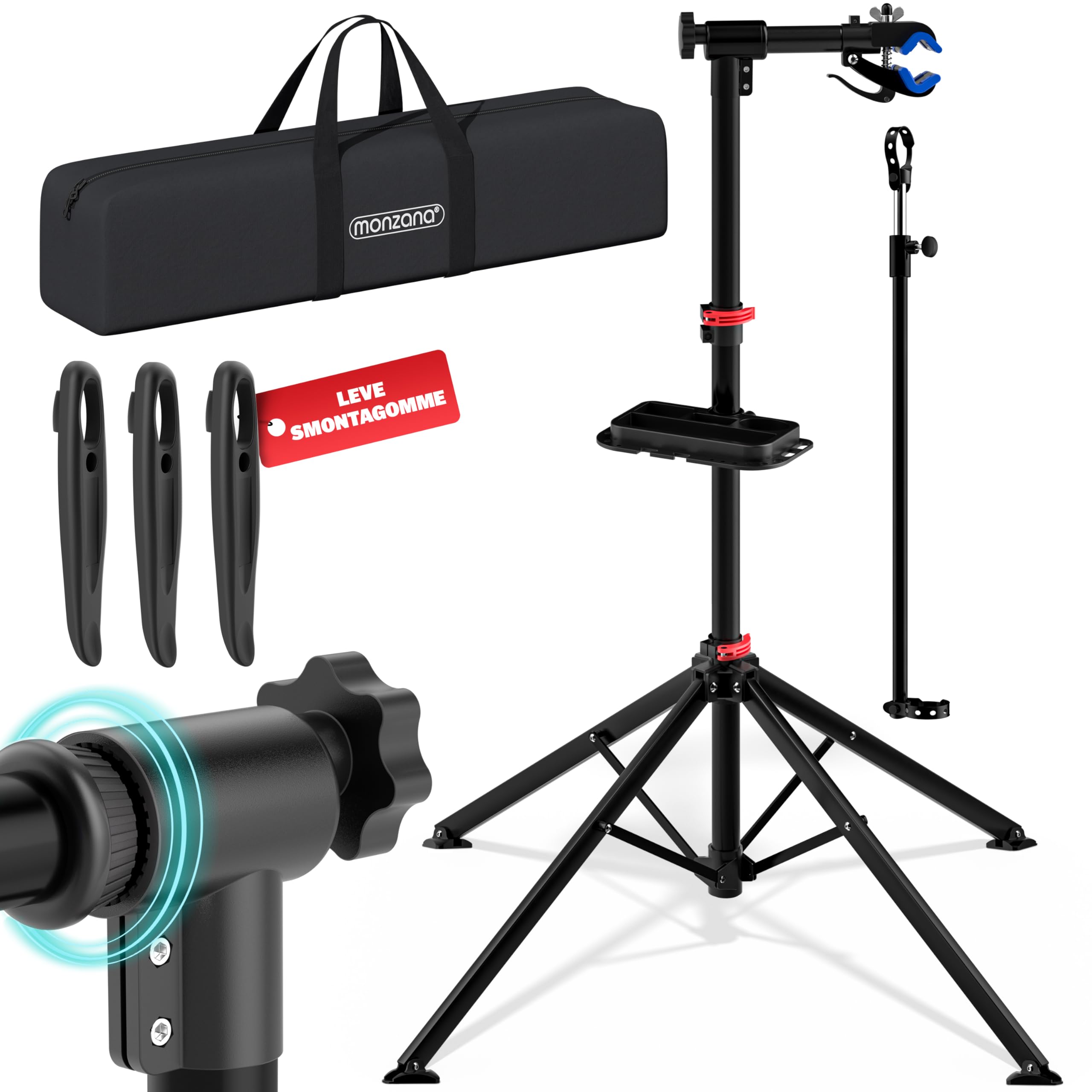 Monzana® Cavalletto Biciclette Max 30 Kg con Borsa per Trasporto Pieghevole Pieghevole Asta Regolabile Ripiano Attrezzi Riparazioni E-Bike