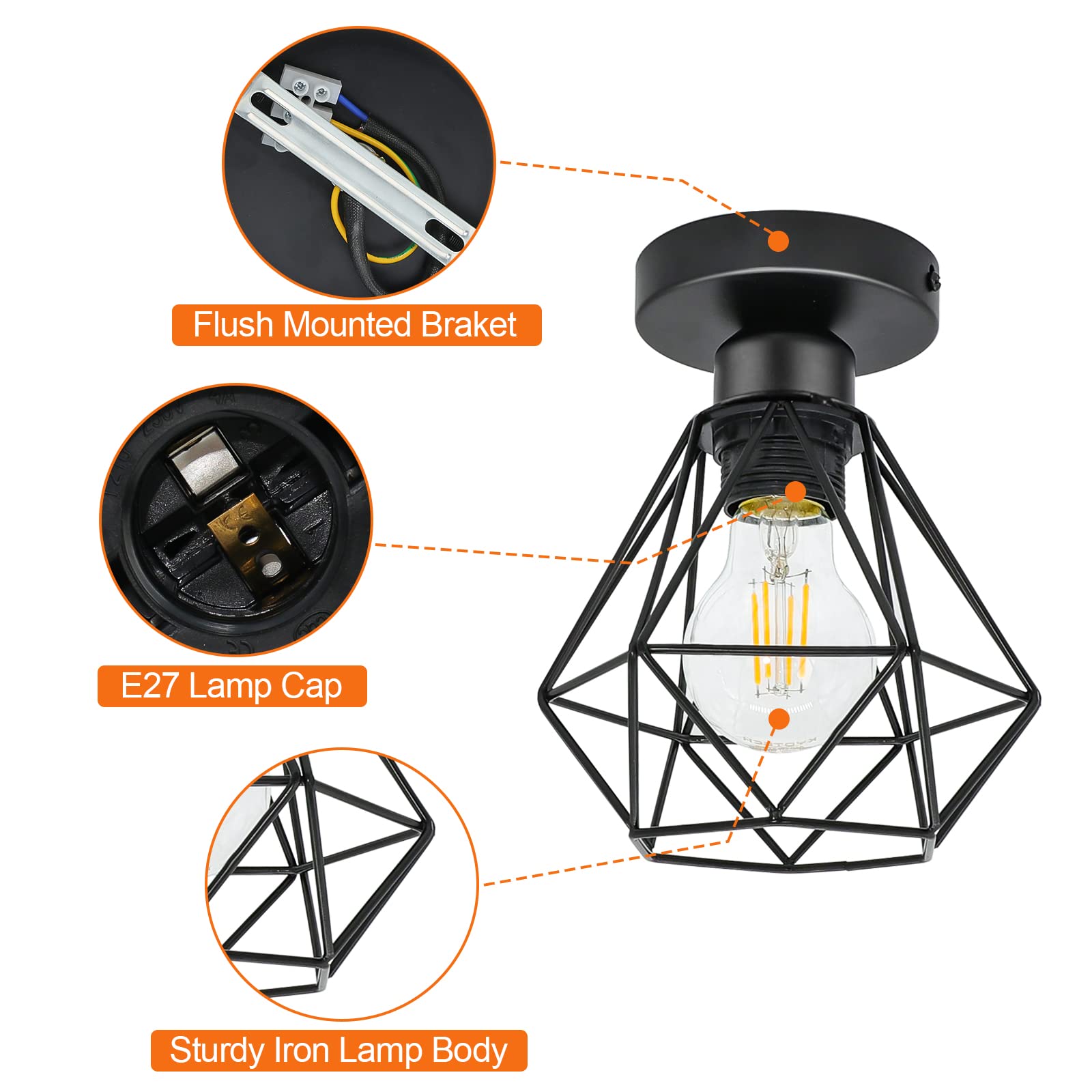 Lámparas de Techo Lámparas Colgante Vintage, Industrial Metal Iluminación de Techo E27 en Estilo Jaula Geométrica Para Sala de Estar, Cocina, Dormitorio, Pasillo, Patio, Ø 16cm, Negro, 1 Luz