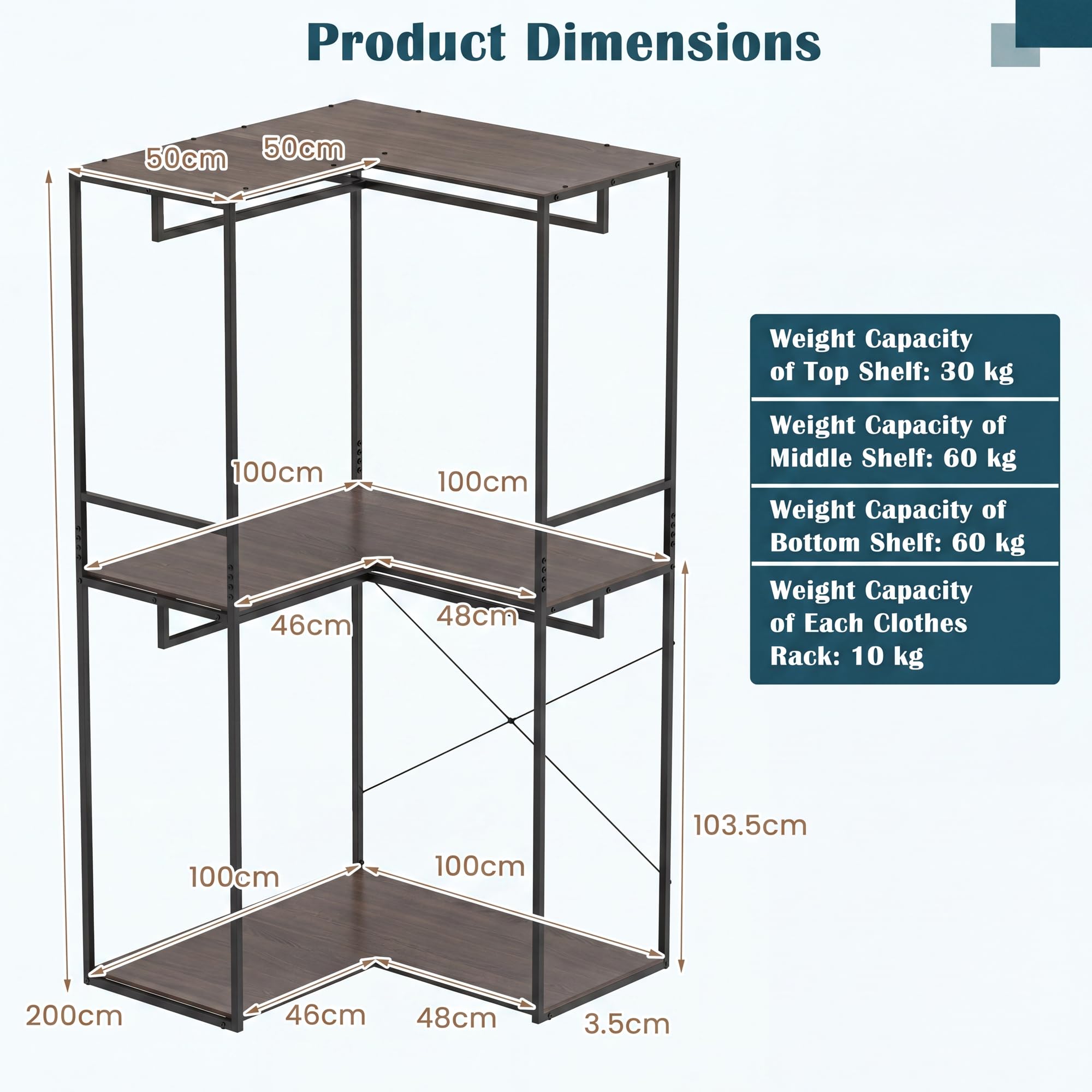 HOMASIS Stand Appendiabiti Angolare, Attaccapanni da Terra con 3 Ripiani Aperti, 4 Barre Portabiti, Guardaroba Industriale con Struttura in Metallo per Ingresso e Camera da Letto, 100 x 100 x 200 cm
