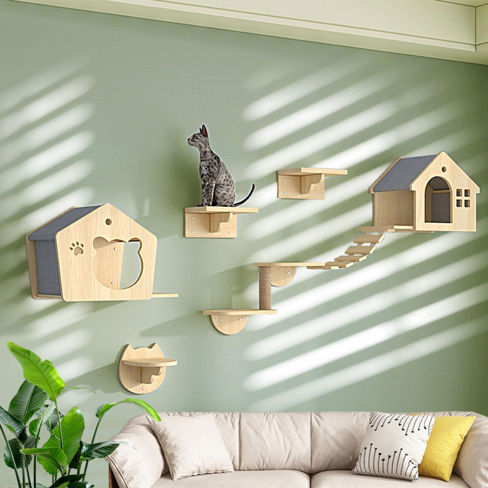 Mensola per Gatti Montata a Parete, Percorso Gatti da Parete, Salvaspazio, Tavola Ispessita, per Dormire, Giocare e Graffiare(9pcs)