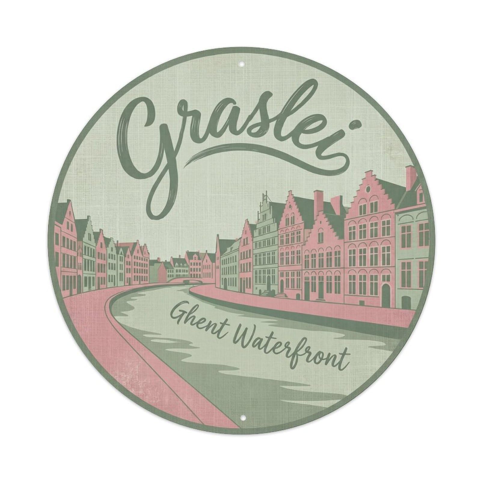 Cmhok Vintage Style-16 Vintage Travel Graslei Belgium Artwork Metal Tin Sign Plaque Wall Decor For Cafe, Club, Garden Round Metal Poster 8X8inch
