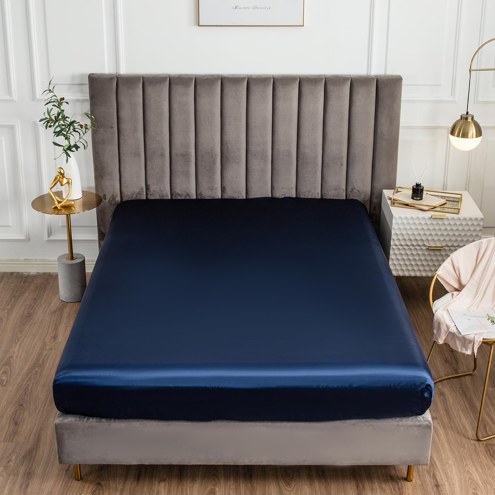 Morbuy Small Double Fitted Sheet Satin Silk Bed Sheets, Navy Blue Fitted Sheets Deep Pocket 30 cm