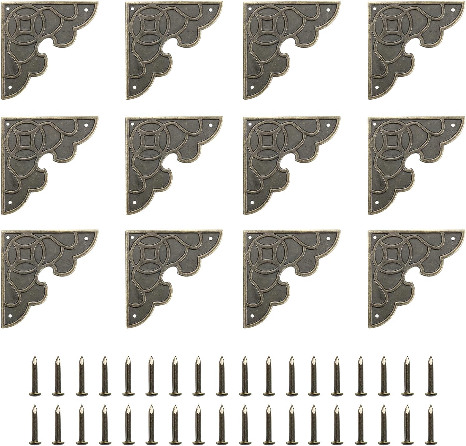 uxcell 12Pcs Vintage Flat Corner Bracket, 2.1" x 2.1" Metal Desk Corner Protectors Zinc Alloy Decorative Edge Cover with Mounting Nail for Furniture Jewelry Box Gifts Boxes, Bronze