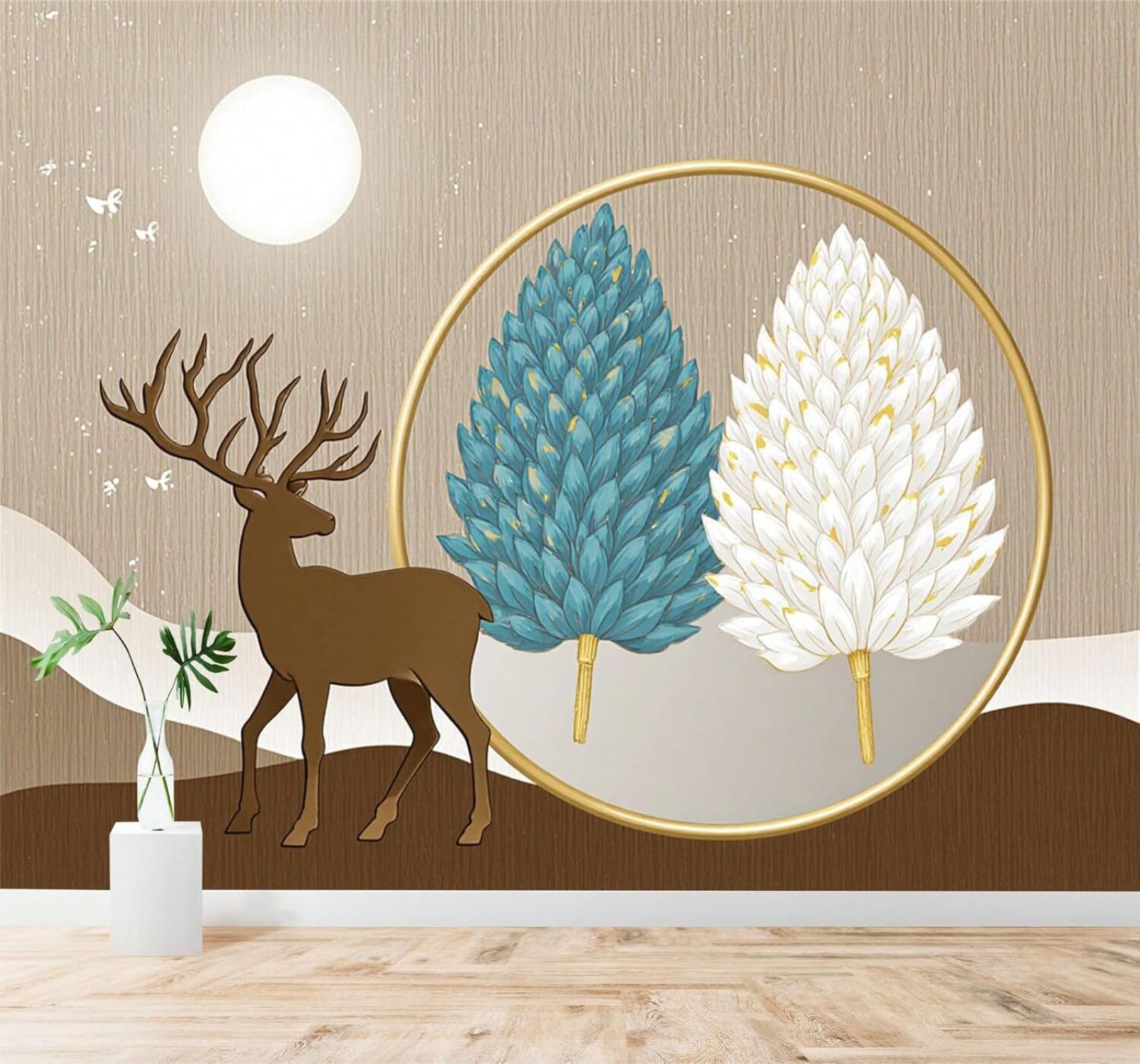 XLMING Moonlight Abstract Blue and White Trees Deer Geometric Circles 3D Wallpaper Silky Texture Home Study Office Grey Dining Room Sofa Bedroom Living Room TV Backdrop-150cm×105cm