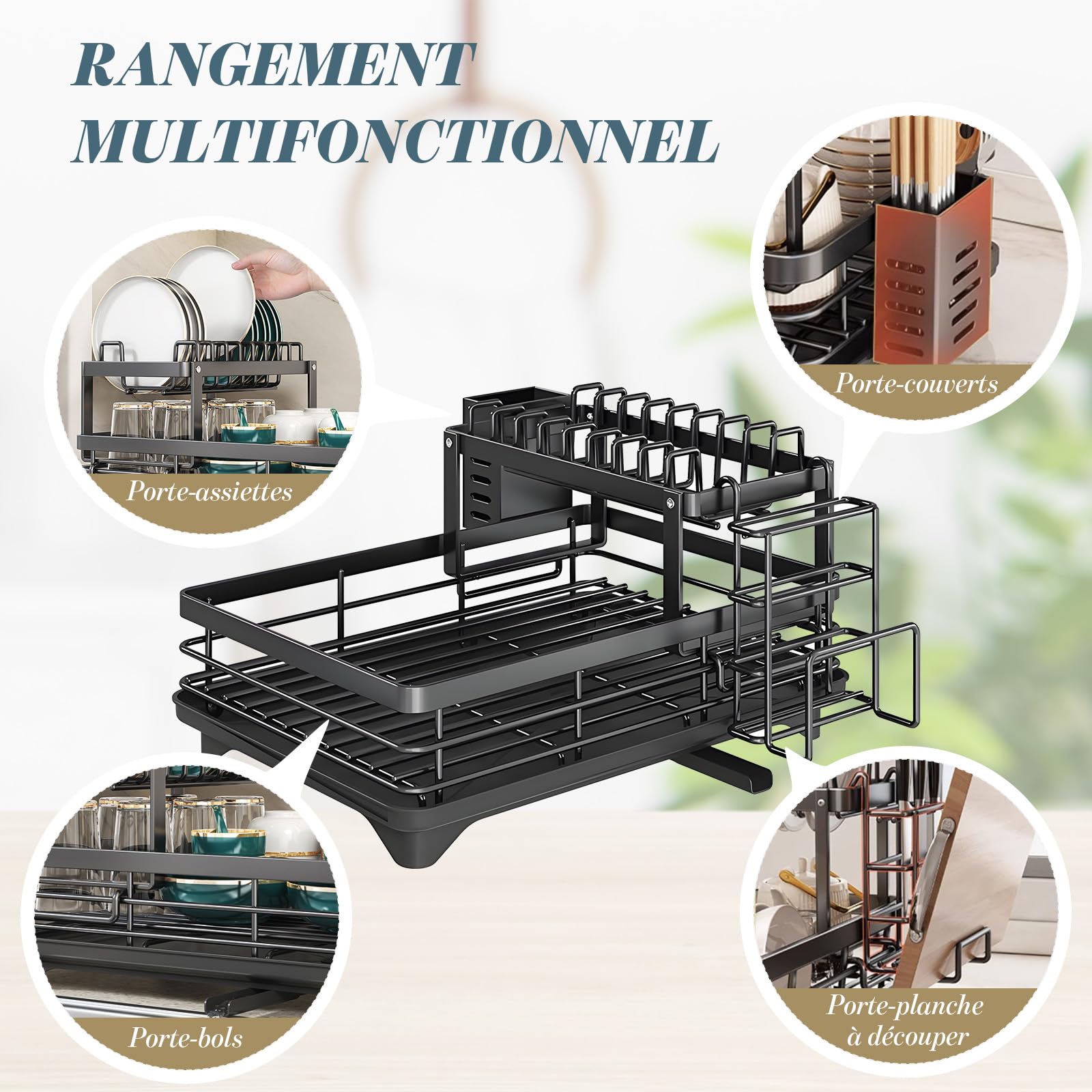 ZYNERY Grande Capacité Égouttoir à Vaisselle Noir, Egouttoir Vaisselle 2 Niveaux avec Plateau d'égouttage, Drainage Automatique Rangement Vaisselle Cuisine pour Comptoir de Cuisine