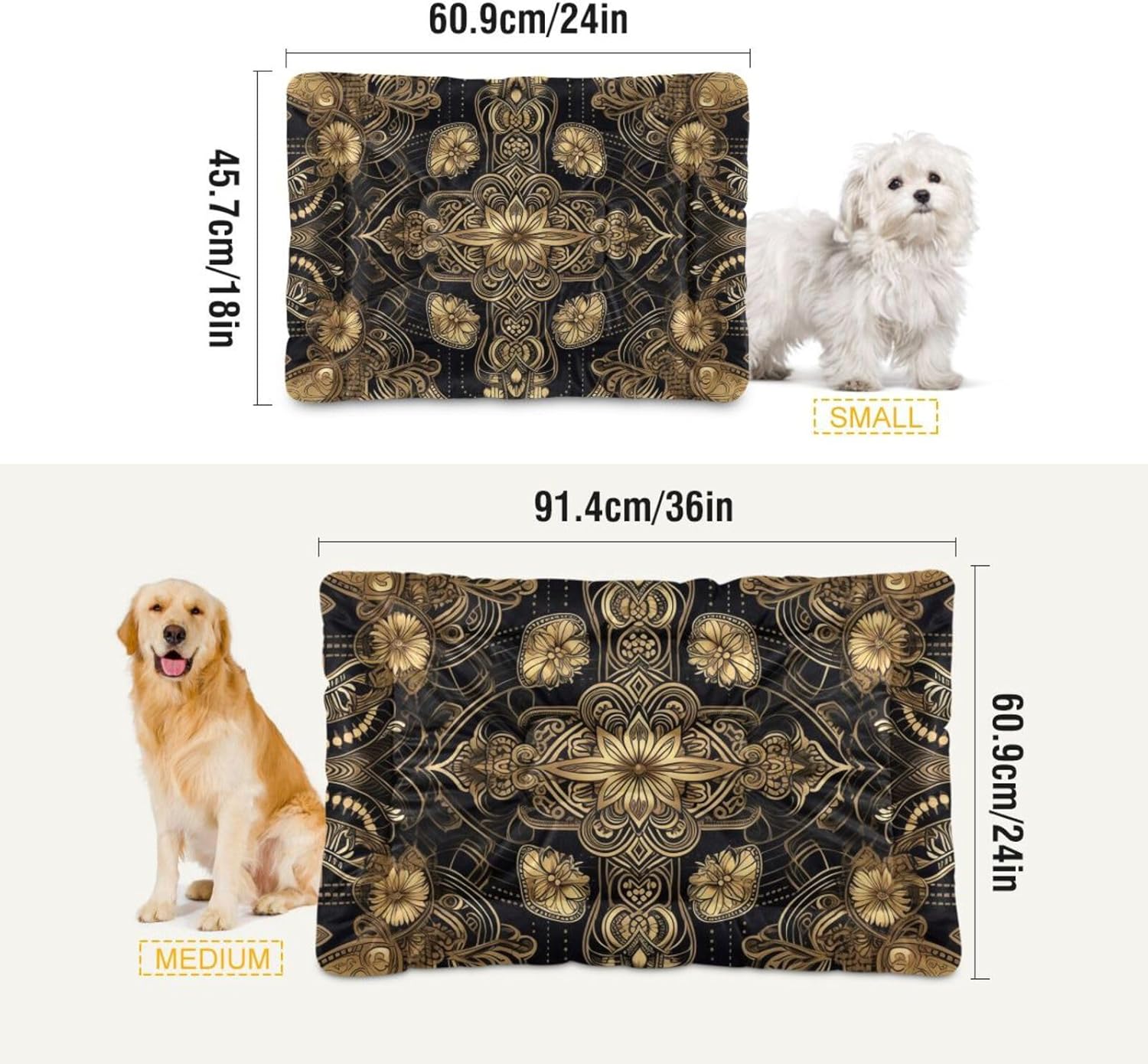 review Gold-Black-Print Warm Dog Bed Mat, Dog Crate Pad for Small Dogs, Machine Washable Portable and Soft Pet Bed Mat, Anti-Slip 24 x 18 inch