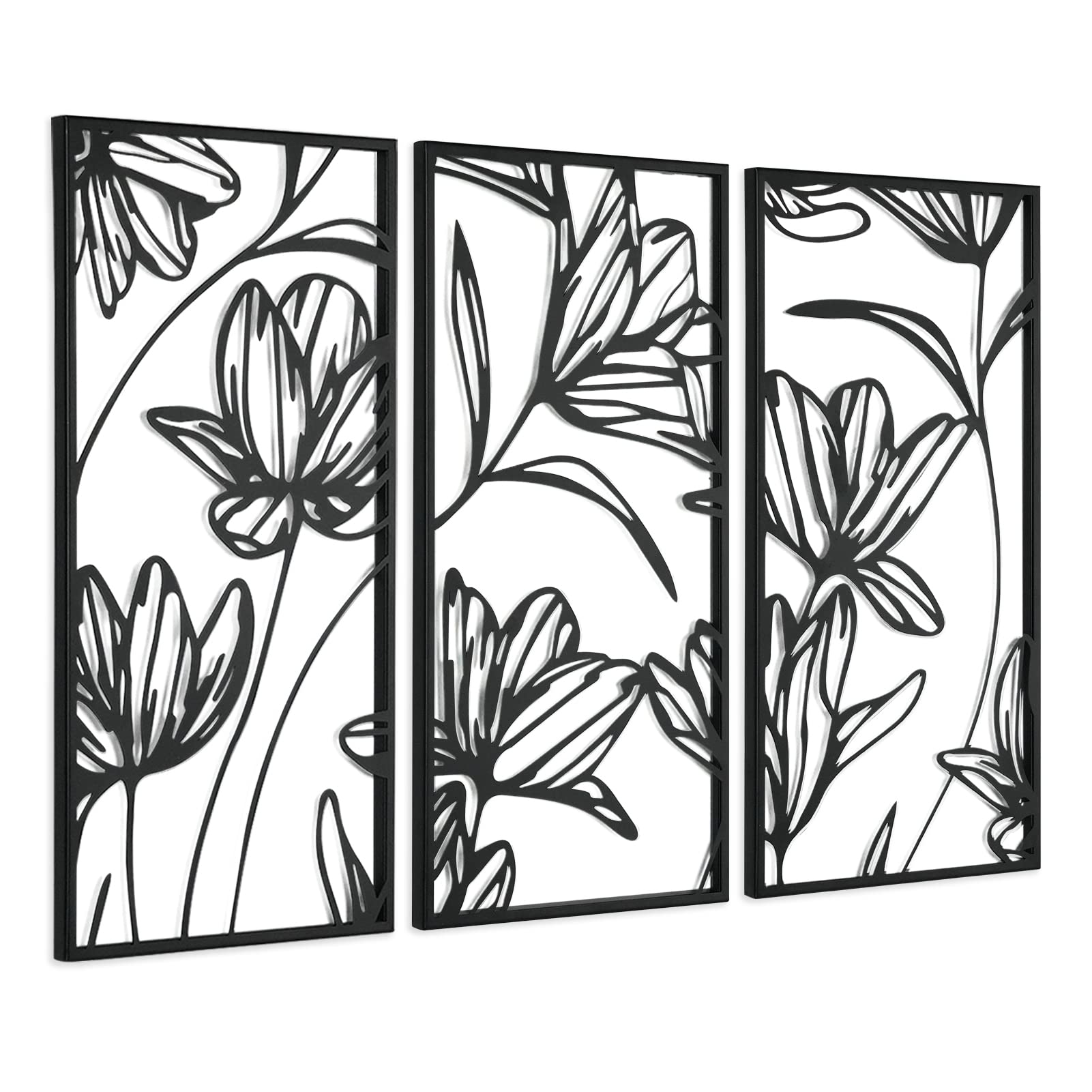 Putuo Decor 3 Pieces Metal Flowers Wall Decor, Modern Abstract Black