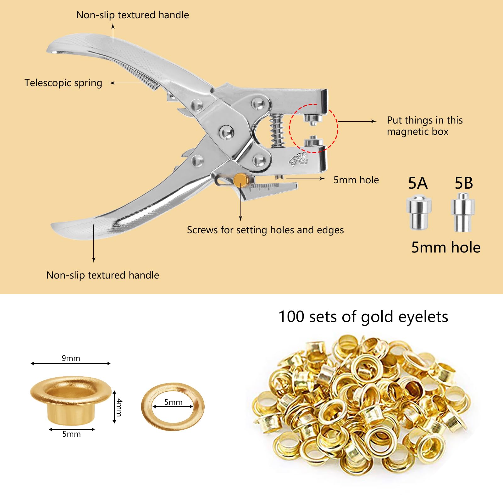100 clip per occhielli professionali (diametro 5 mm) in acciaio al carbonio per tessuti, striscioni in PVC, teloni, avings, cartone, vele ombreggianti