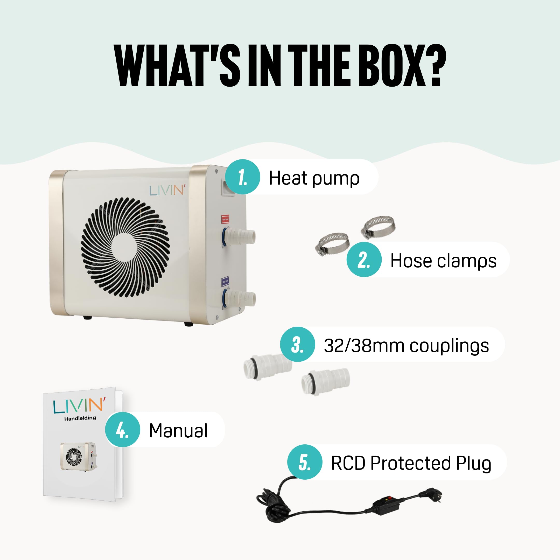LIVIN' Minibomba de calor para piscina de 5 kW, accesorios para piscina con 32/38 mm de diámetro, para calentar piscinas grandes con 20.000 L de capacidad, indicador LED, corriente de 230 V,