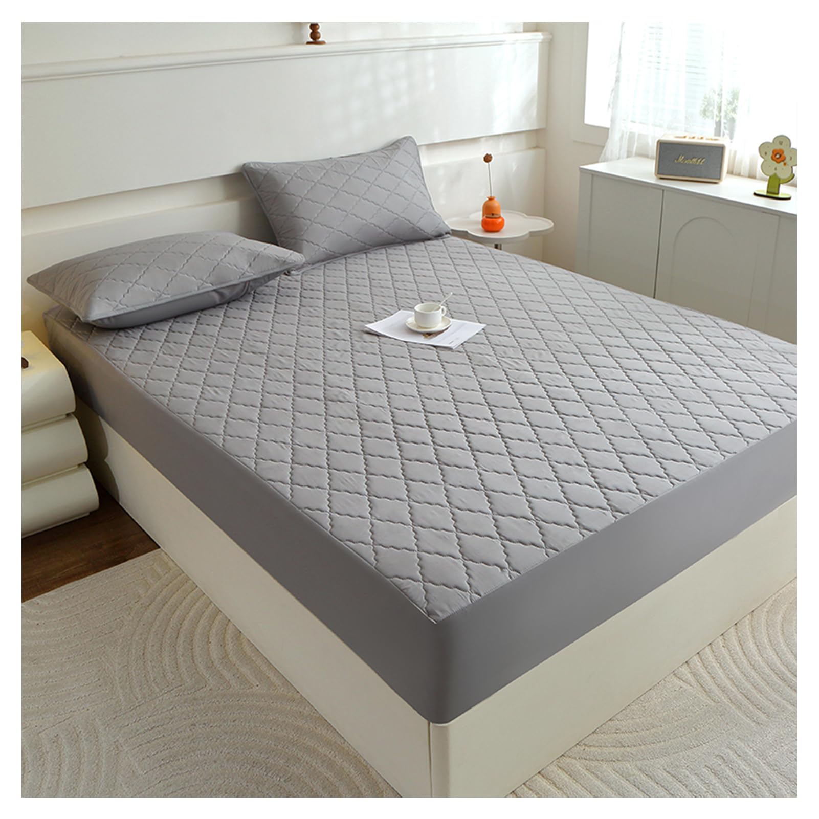 Acolchado Cubre Colchon Transpirable y Ajustable | Protector Colchon Impermeable Acolchado | Elástico En Todo El Contorno (Gris,200 * 220cm)