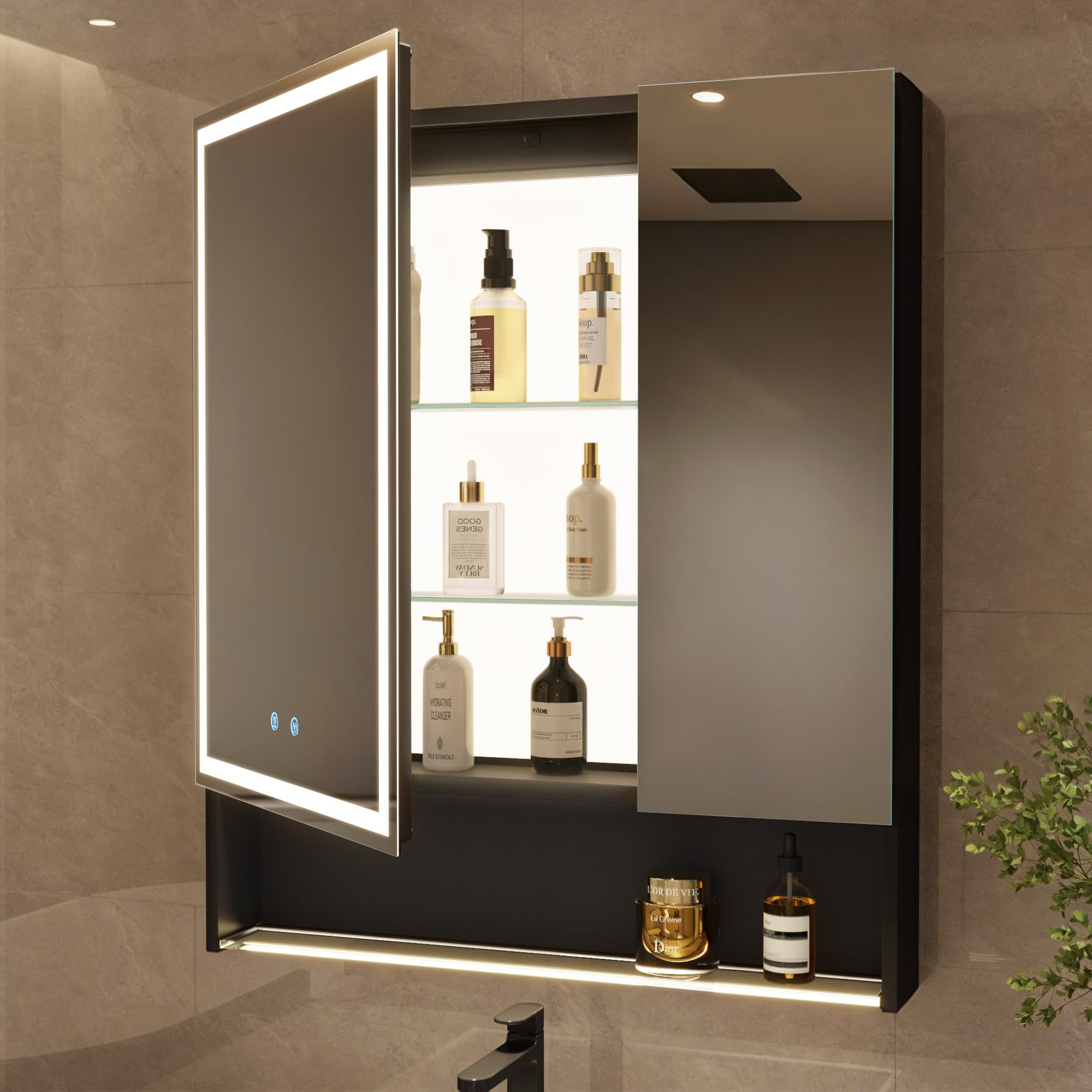 Armoire à pharmacie éclairée avec miroir, luminosité réglable, 3 températures de couleur, anti-buée, robuste, en aluminium, miroir, 2 prises et 2 ports USB et étagère réglable, 76,2 x 86,4 cm