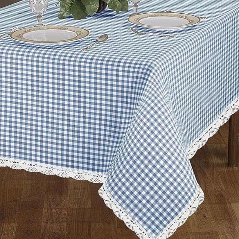 INTRECCI Tovaglia Amour 6 Posti, Rettangolare, in Cotone, 140x180 cm, Fantasia Quadri Scozzese, Orli Decorativi, 100% Cotone Oeko-Tex, Azo Free, Lavabile in Lavatrice, Colore: Carta da Zucchero
