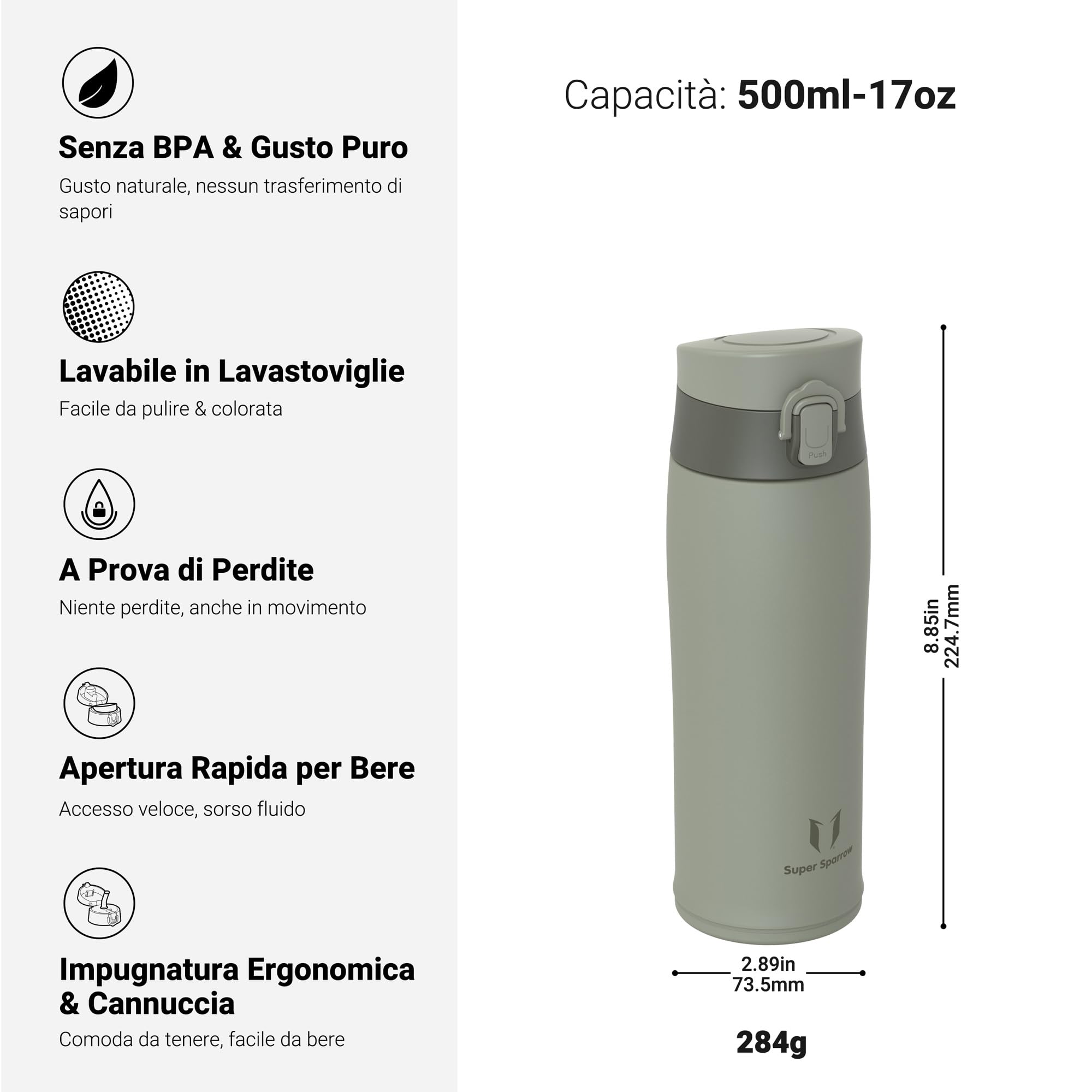 Super Sparrow Borraccia Termica, Acciaio Inox Bottiglia Termica - 350ml, 500ml, 750ml, 950ml - Senza BPA Termos, Borracce Termiche Bambini - Include 2 Coperchi con Cannuccia e Coperchio Sportivo