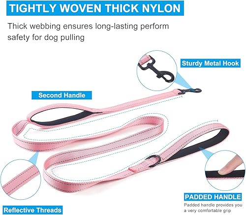 Vista 19 de Correa para perro para perros grandes, acolchado de tráfico, 2 asas para control adicional, 6 pies de largo con puntada reflectante para caminar por