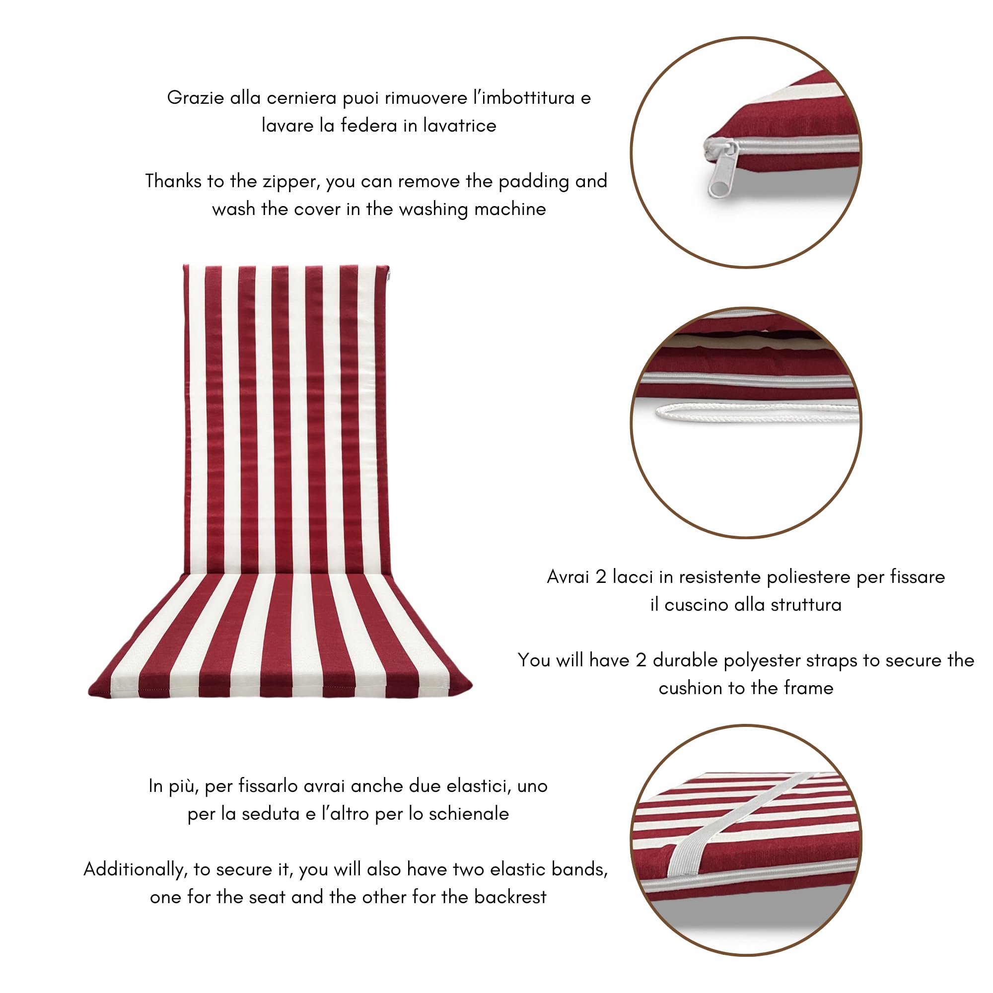 Il Tuo Artigiano Design Cojín para tumbona de mar acolchado, 120 x 50 cm, fabricado en Italia, colchoneta para tumbona con respaldo alto (blanco y burdeos)