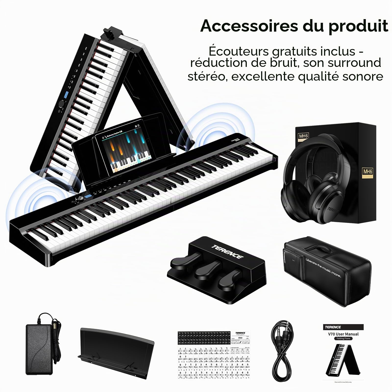 TERENCE V70 Piano numérique pliable 88 touches lourdes Piano électrique avec 4 haut-parleurs 20W*2+5W*2 Clavier piano avec Bluetooth Casque inclus –préparation aux examens de piano,noir