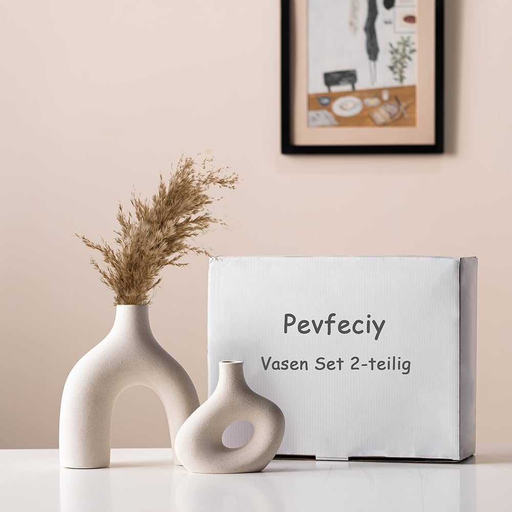 2 Vases En Céramique Beige CEMABT - Décoration Bohème Salon/Chambre