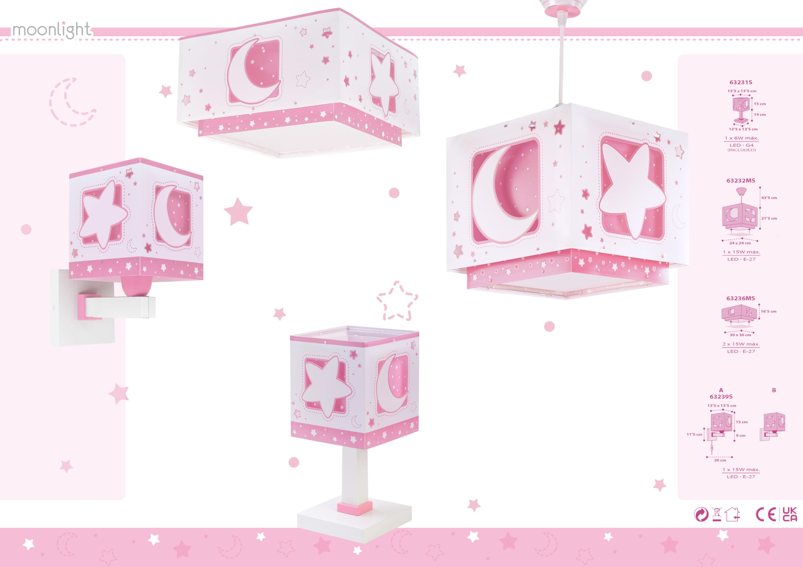 Dalber Lustre Chambre Lampe Suspension Plafonnier Pour Enfants, Moonlight lune et étoiles Rose, 63232MS, E27
