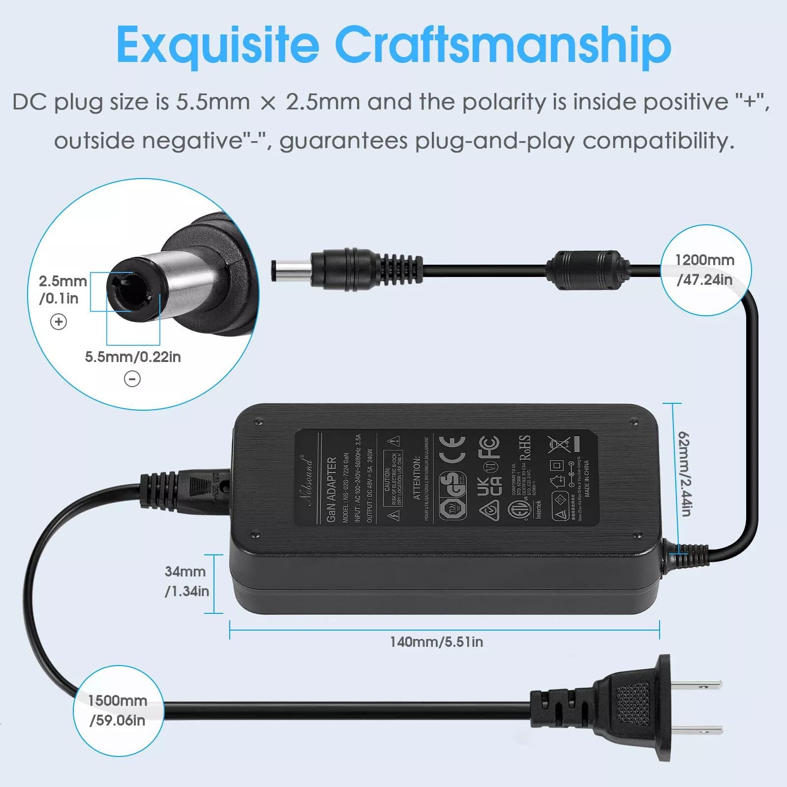 Nobsound 48V5A GaN DC adaptador de corriente transformador para amplificador de hogar 240W (48V/5A)