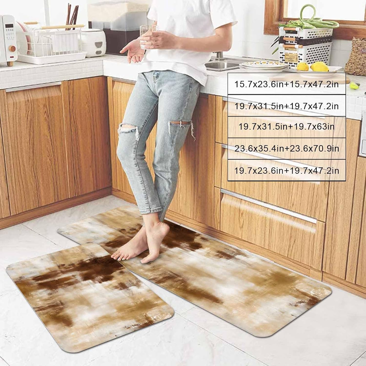 Prime Leader Gradient Khaki Brown Kitchen Mat Set 2 Pieces Abstract Vintage Brown Khaki Oil Painting Non Slip Kitchen Rugs Washable Runner Rug Mats for Sink Laundry (19.7" x 31.5"+19.7" x 47.2")