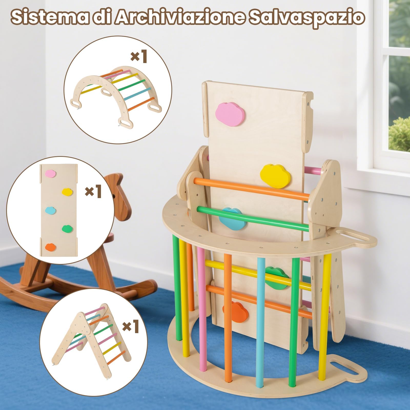 RELAX4LIFE 4 in 1 Triangolo da Arrampicata con Scivolo per Bambini, Arco da Arrampicata e Scala per Arrampicarsi in Legno, Montessori Giocattoli Bimbi 2 3 4 5 Anni