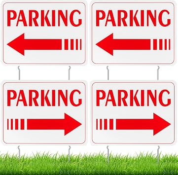 Qunclay 4 Pcs Event Parking Sign with Stake, with Directional Arrows 12 x 16 Inch Double Sided Corrugated Plastic Guest Parking Sign for Outdoor YardRed