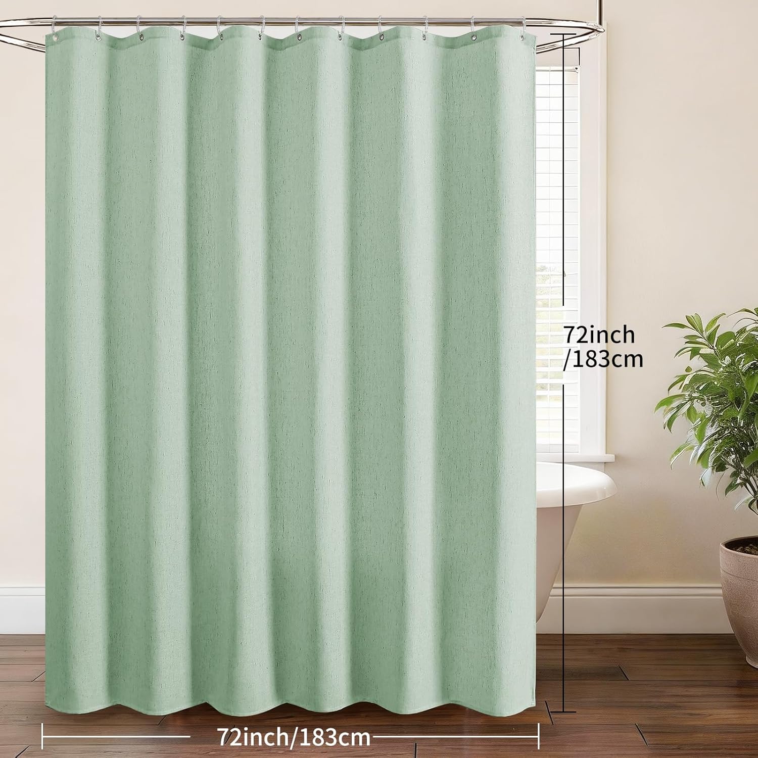 QiyI Linen Shower Curtain for Bathroom, Waterproof & Heavy Duty Fabric Shower Curtain Set with 12 Clear Hooks, Neutral Boho Farmhouse Decorative Cloth Bath Curtain, 72"x72", Sage Green