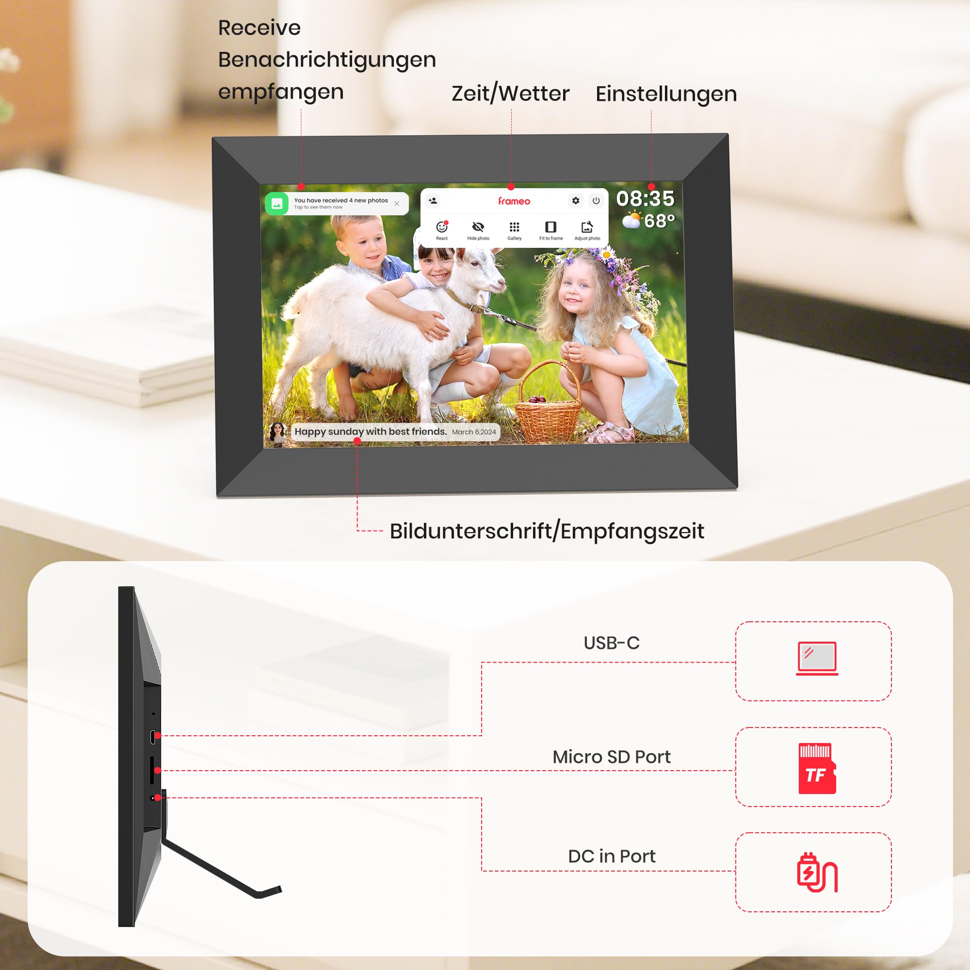 Frameo 10,1-Zoll-WLAN-Digitaler Bilderrahmen mit 32 GB Speicher, 1280 x 800 IPS-Touchscreen, Intelligenter Elektronischer Bilderrahmen, Wandmontierbar, Automatische Drehung, Fotos/Videos Über Frameo-A