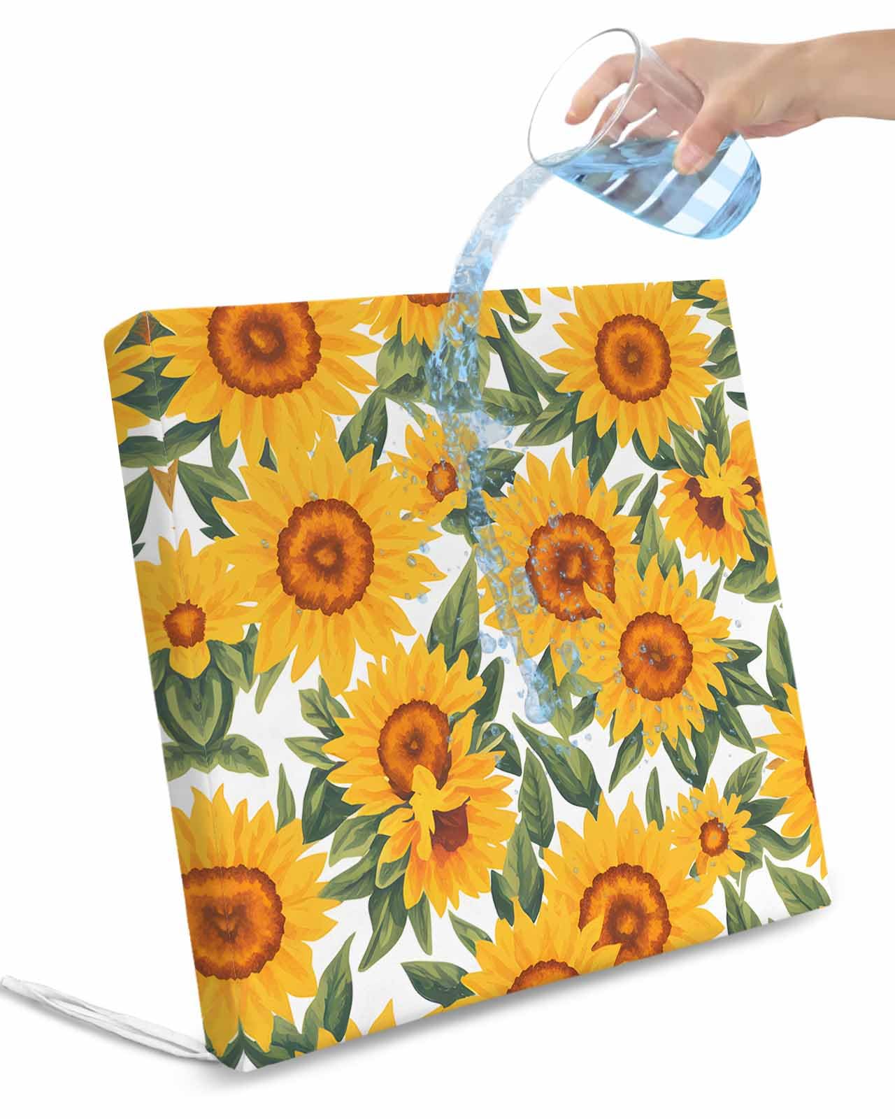 2 Pack Yellow Sunflowers Waterproof Cushion Covers with Ties, Outdoor Patio Chaise Lounge Chair Seat Cushion Slip Covers Replacement(Only Cover) Funny Summer Botanical Flowers Leaves 24