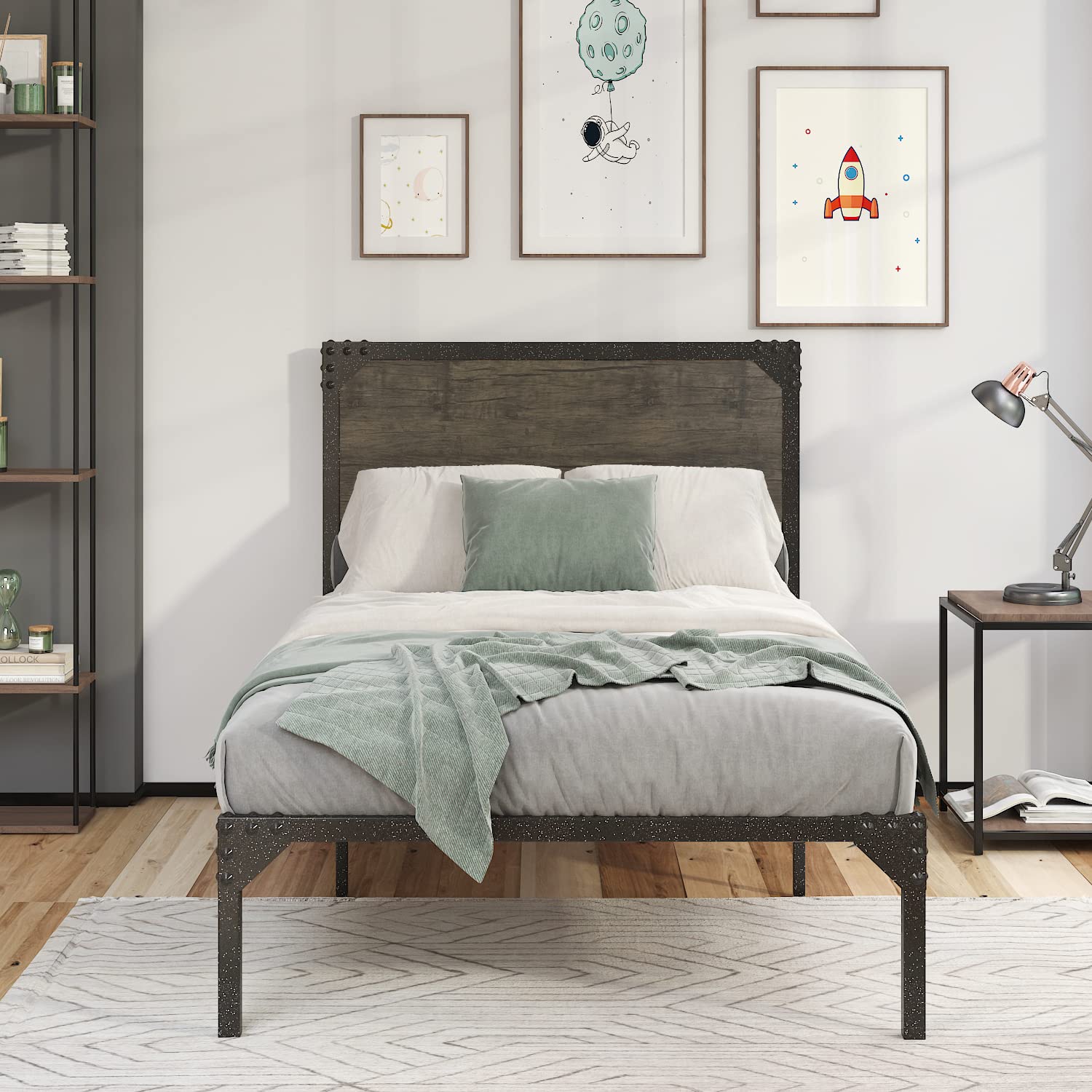 Buy Ikalido Twin Size Metal Bed Frame with Wooden Headboard, Platform