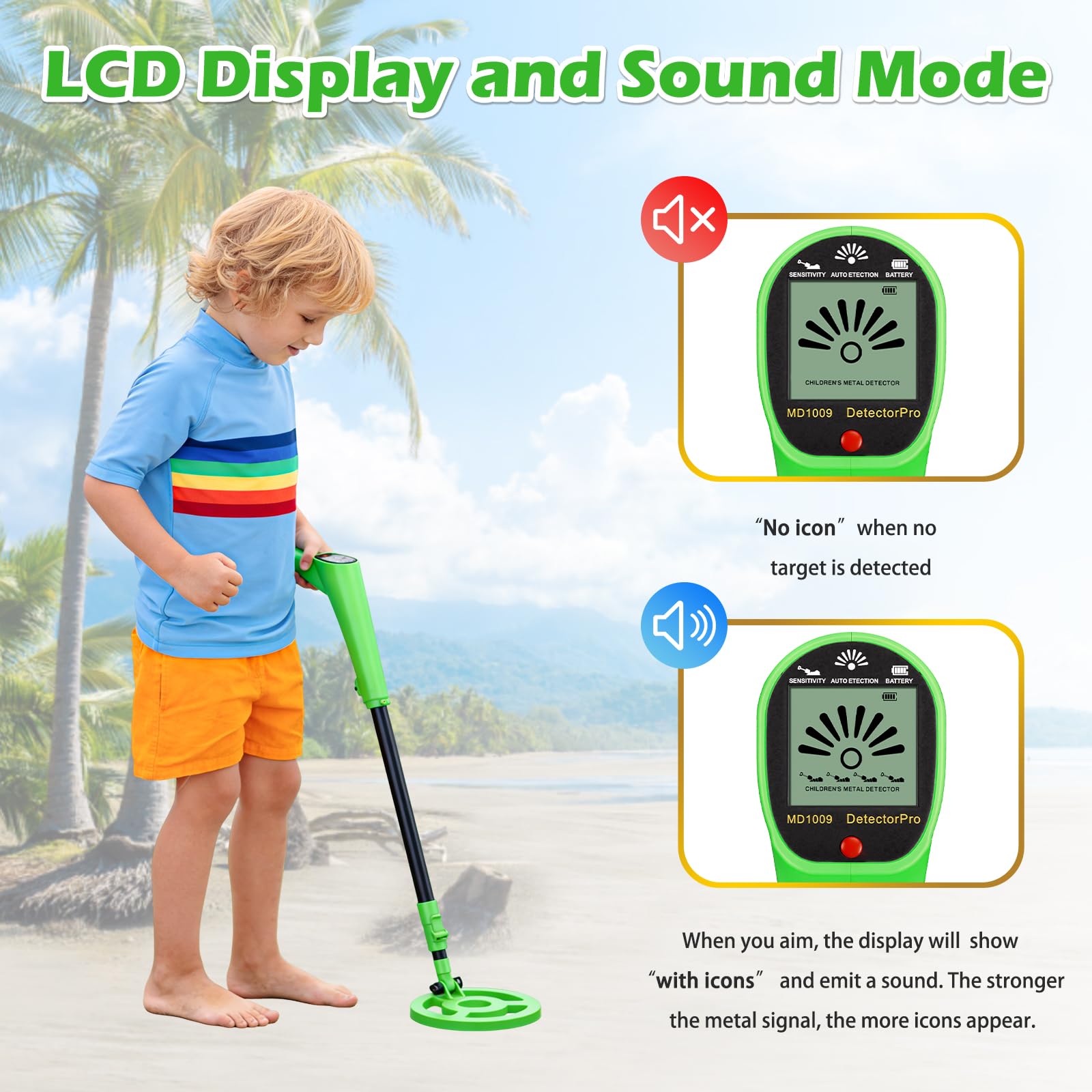 Detector de metales para niños, Detectores de metales de alta precisión con pantalla LCD, detector de metales ligero para niños con mango ajustable, bobina de búsqueda de 6 '' impermeable para