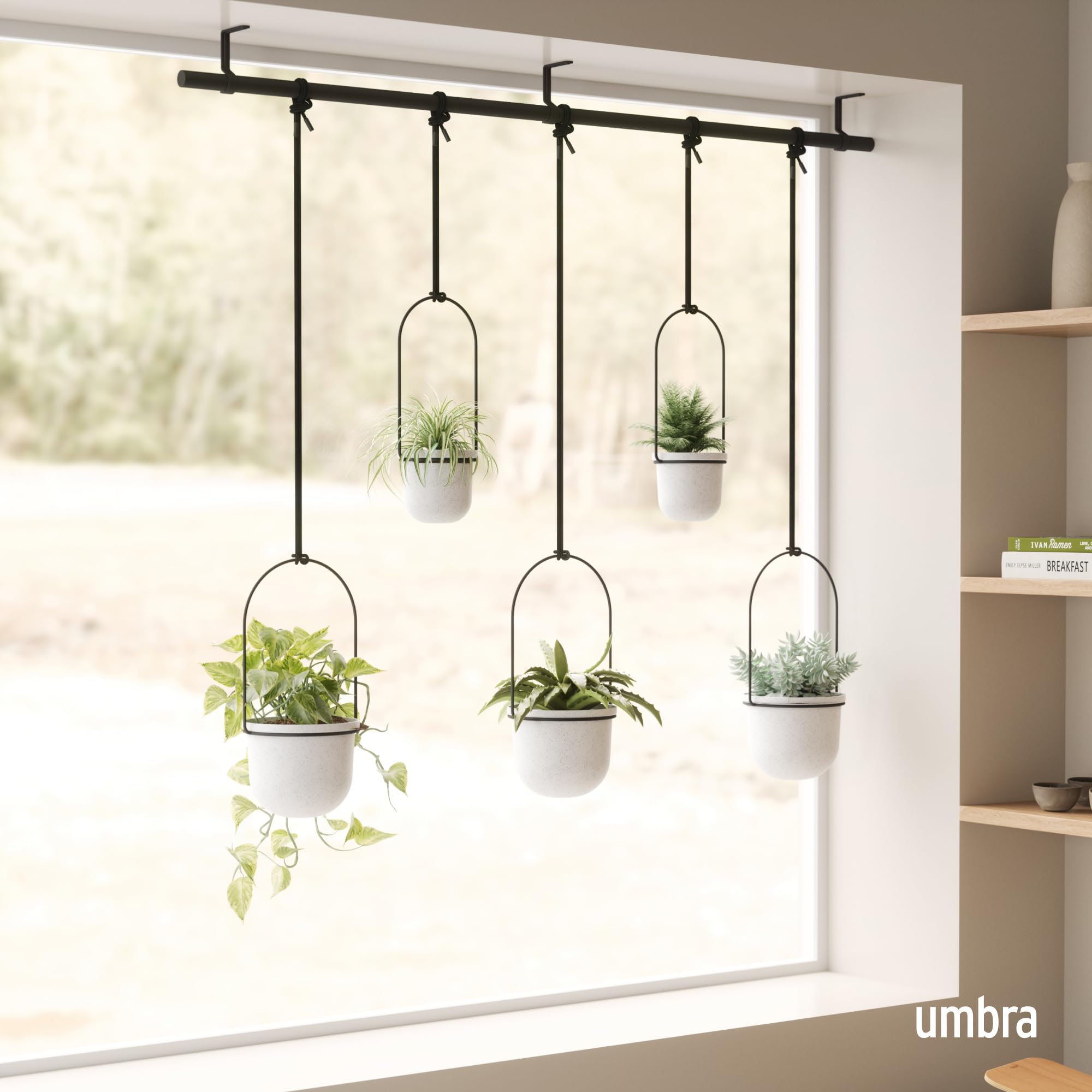 Umbra Triflora Ensemble de 5 Pots Suspendus, Ajustable Jardinière d'intérieure Suspendue avec Rails, Blanc