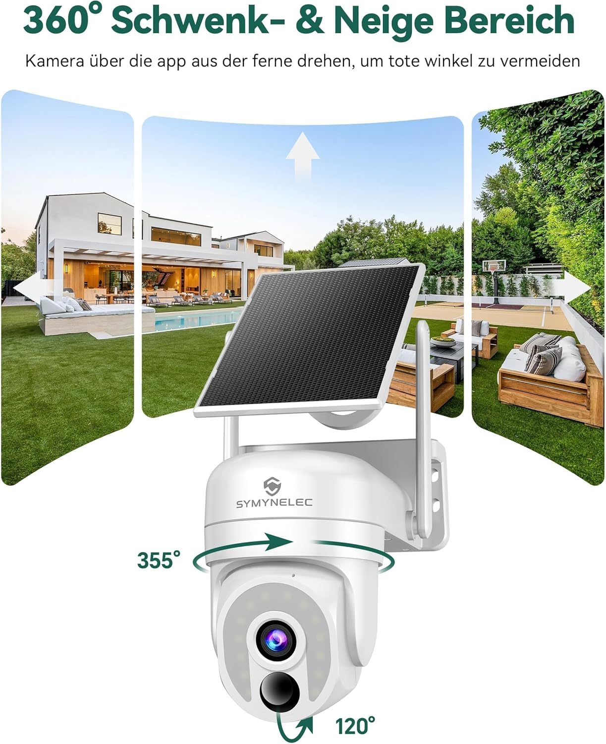 SYMYNELEC 2K Überwachungskamera Aussen Akku Solar 5GHz/2,4GHz WLAN | Kamera Überwachung Aussen Kabellos, 360° PTZ, KI-Bewegungserkennung, Farbnachtsicht, Zwei-Wege-Audio, Alexa, IP65, 2 Stück