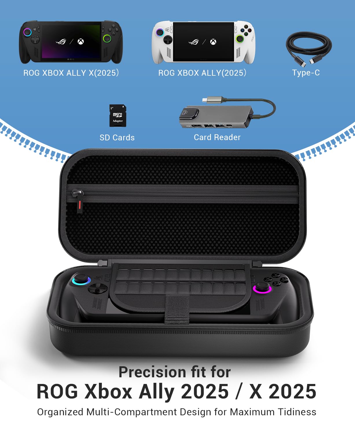 CoBak Hard Carrying Case for ASUS ROG Xbox Ally & ROG Xbox Ally X 7" 2025 - 3 in 1 Accessories Bundle with 2 Screen Protectors, 4 Thumb Grip Caps, 22 SD Card Cartridges, Portable Travel Bag, Black - Image 2