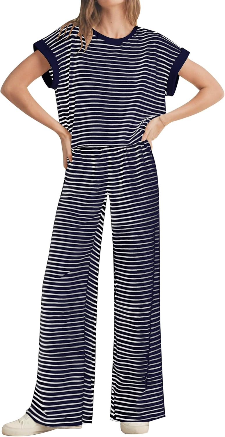 Women Striped 2 Piece Lounge Sets Crew Neck Short Sleeve T Shirt Tops Wide Leg Pants Sets Summer Matching Pajama Set