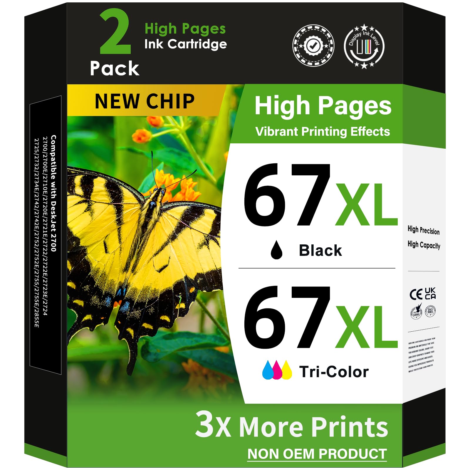 Adoccur Gereviseerde inktcartridge vervanging voor HP Ink 67 67XL Werkt voor HP DeskJet 2755e 2755 2700 2700e 2734e 4155e 4155 Envy 6055e 6455e 6400 6075 Envy Pro 6452 6458 printer (1 Zwart, 1 Kleur