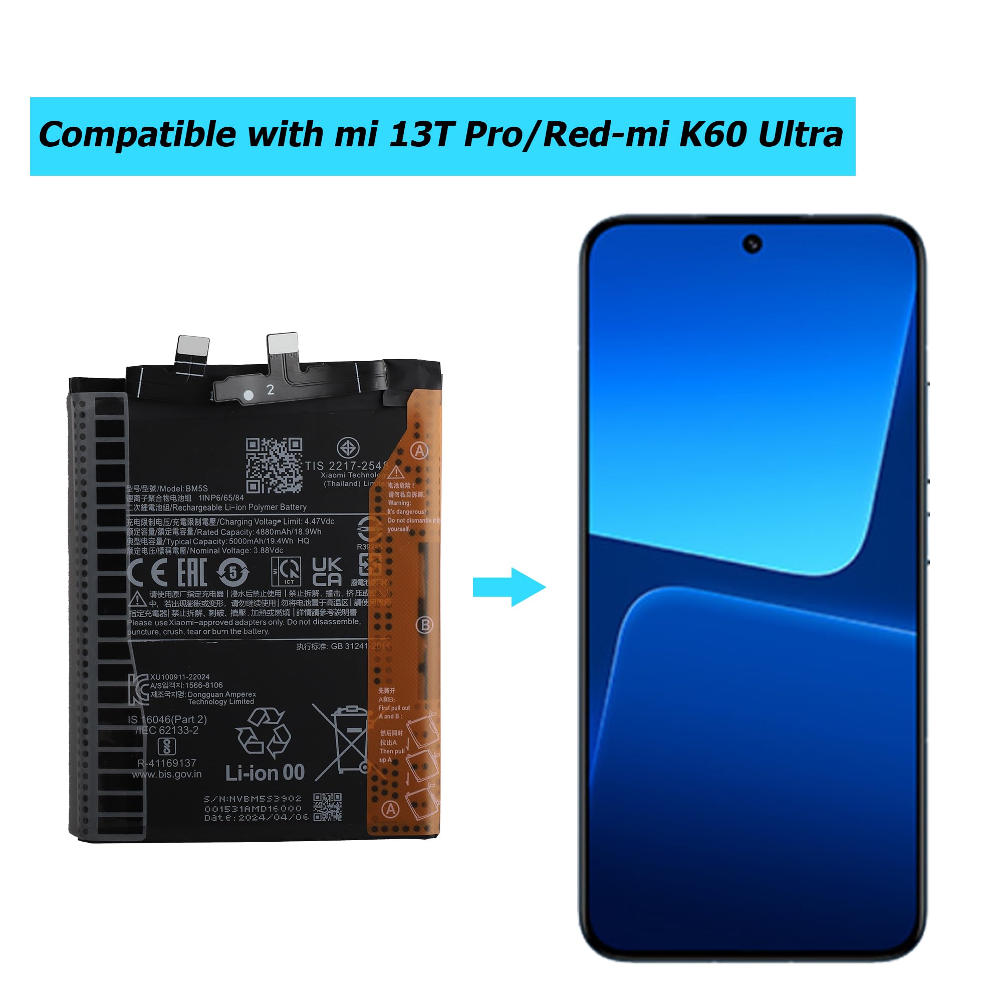 BM5S Batteria di ricambio compatibile con Xiaomi 13T Pro/Redmi K60 Ultra con toolkit