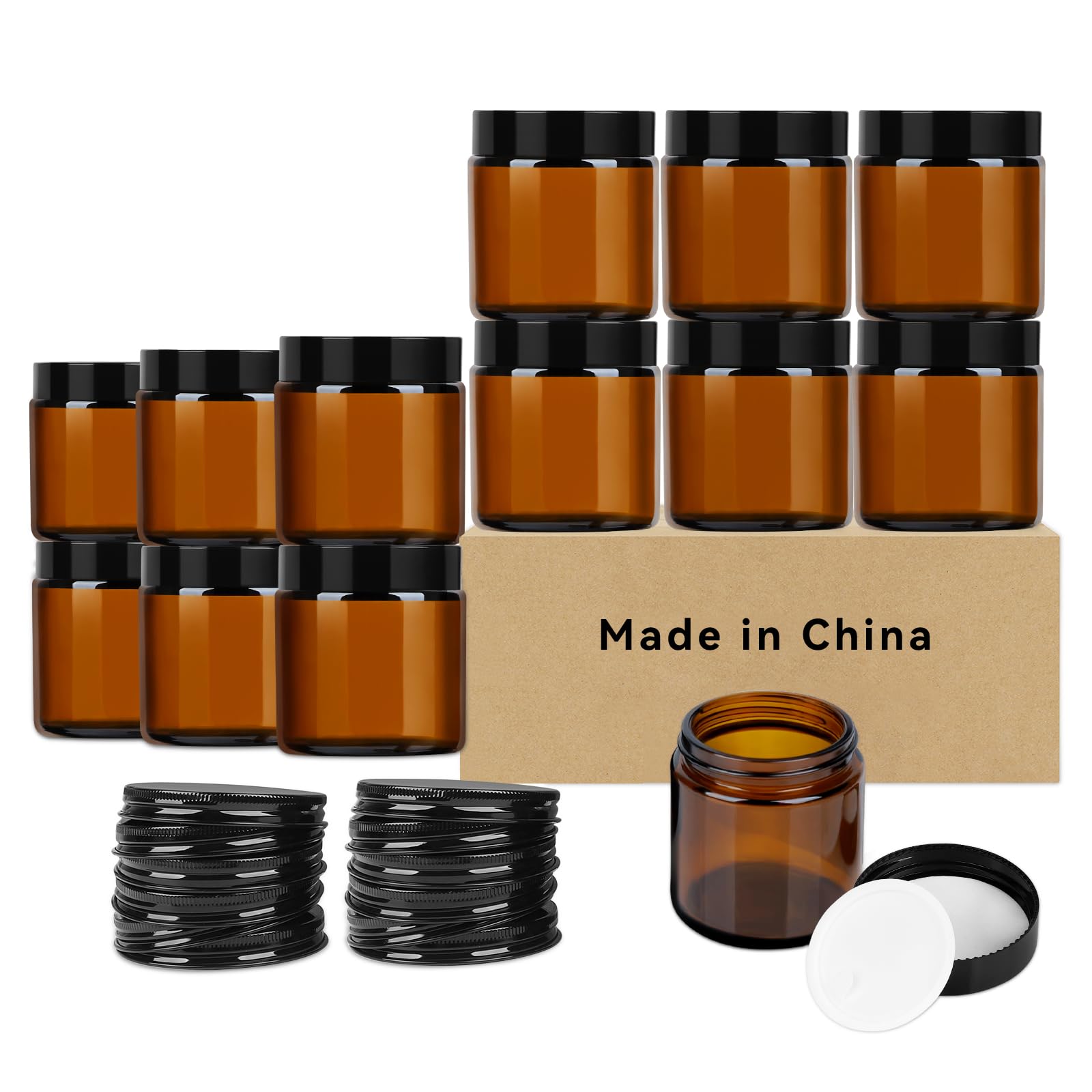 SKYLINK 12Pack 4oz Thick Amber Round Glass Jars with 2 Types of Lids – Refillable Thick Glass Containers for Candles, Canning, Food Storage, Cream, Lotion, Body Butter, and DIY Beauty Products