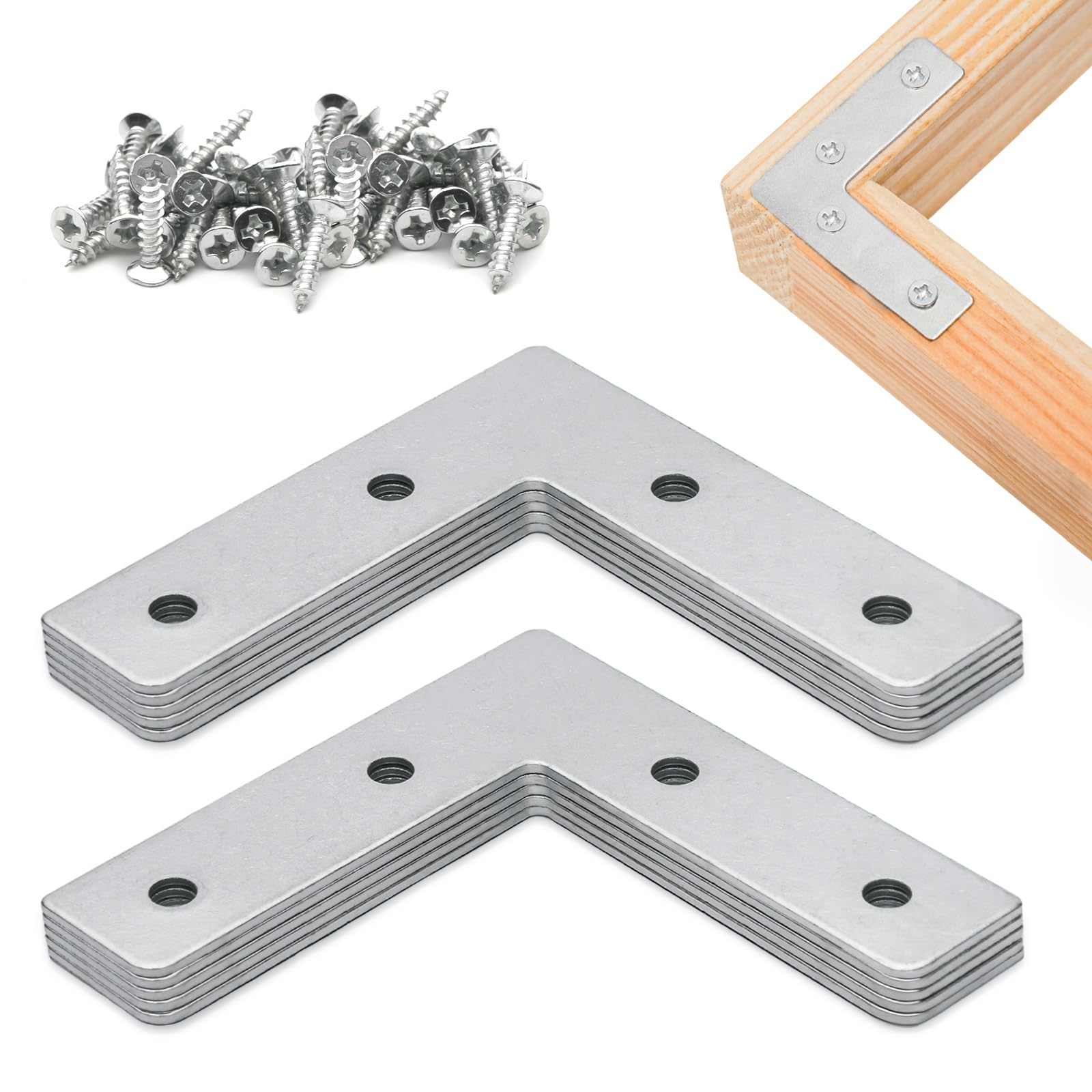 Angle Brackets Corner Bracket for Wood 10 Pcs | 63.5mm x 63.5mm x 16mm | L Brackets for Wood with 40 Screws - Galvanised Steel Plate Set for Fixing and Repairing Furniture, Tables (2.5in / 63.5mm)