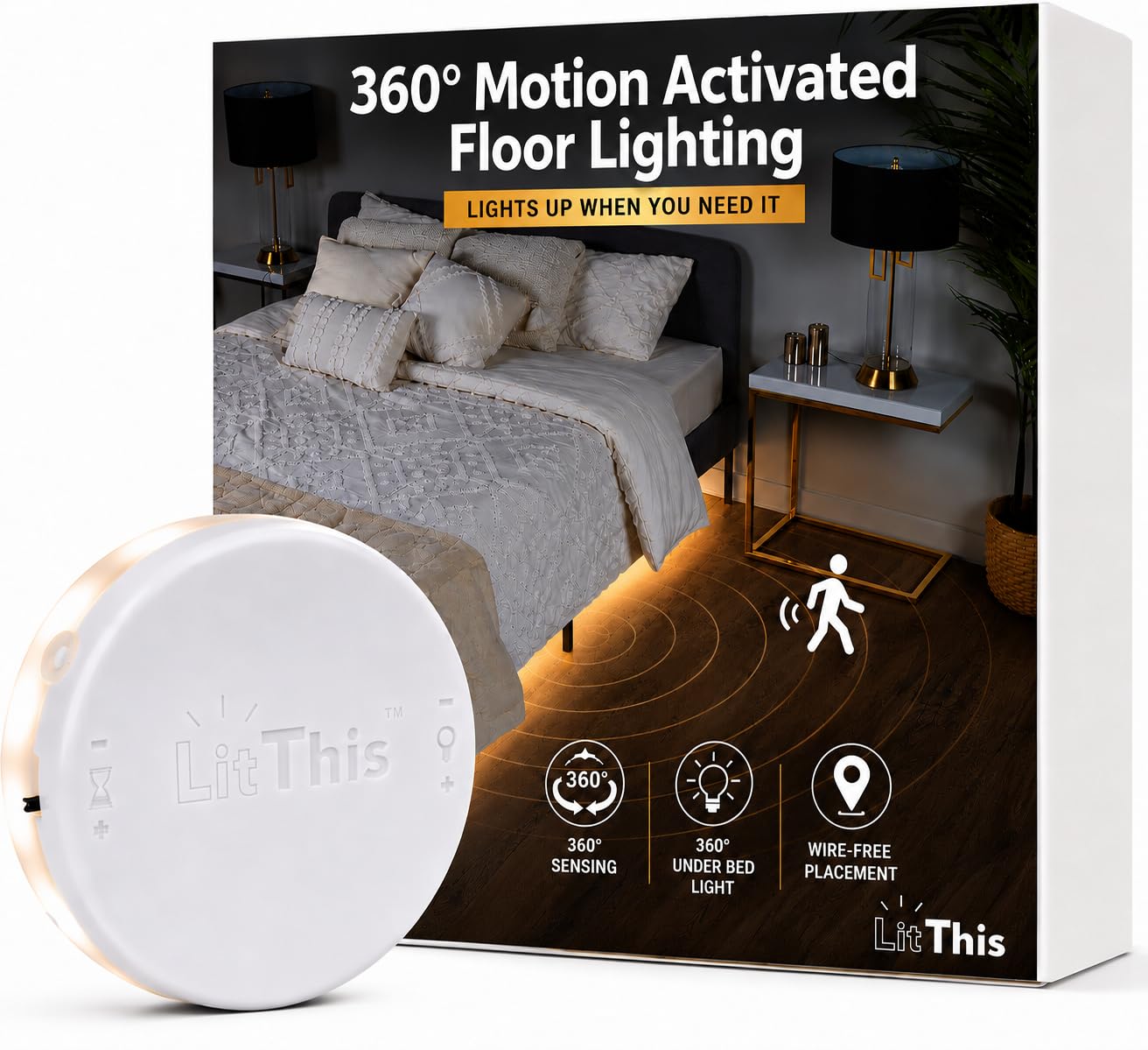 Luces debajo de la cama con sensor de movimiento, sin instalación; se desliza debajo de los muebles. Luces LED con detección de movimiento de 360° para camas y salas de estar. Brillo ajustable