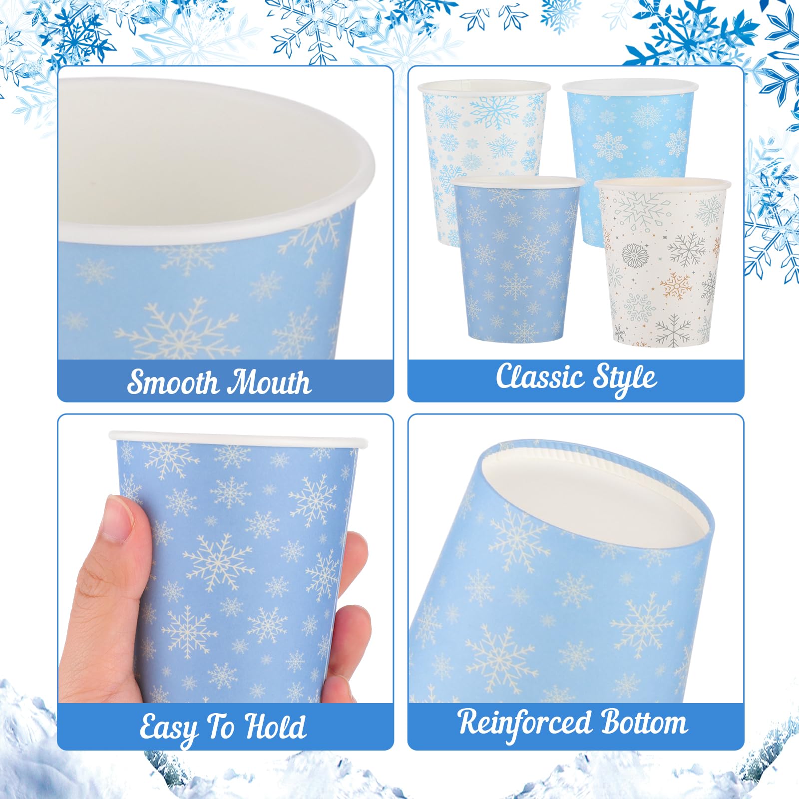 Lot de 100 gobelets jetables en carton Motif flocon de neige 266 ml