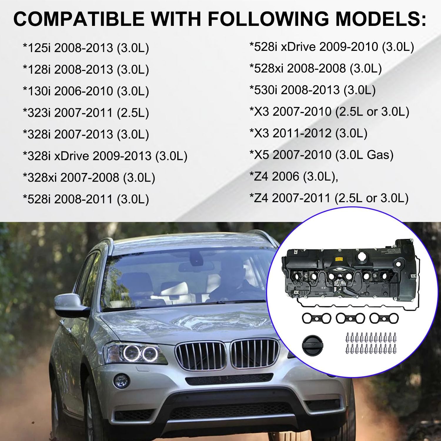 N52 Engine Valve Cover Kit Compatible with BMW E82 128i, E9X 323i 328i, E60 528i, E70 X5 3.0si, E83 X3, E85 Z4, E89 Z4, F10 528i N52/ N51 SULEV Replaces OEM # 11127552281
