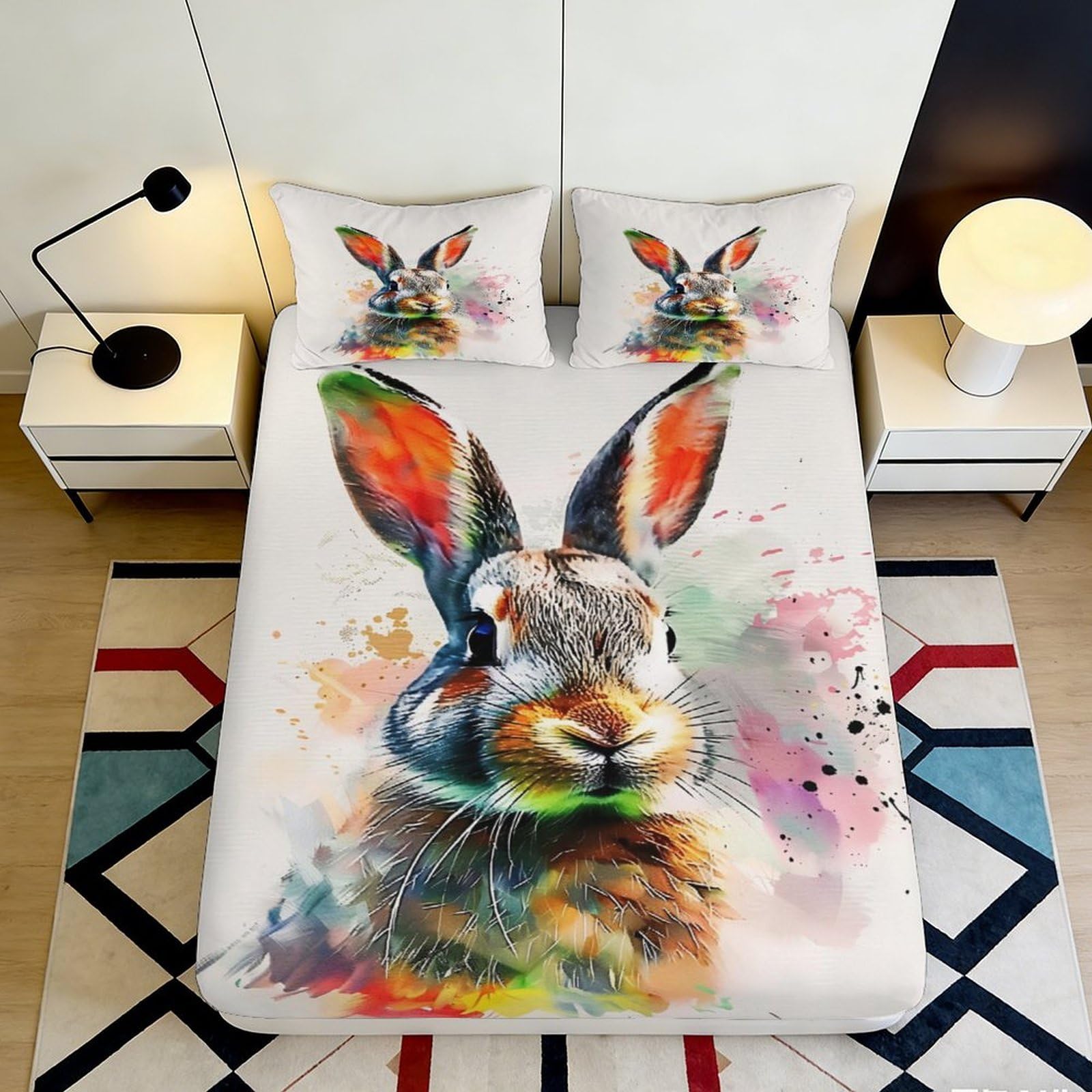 3D Printed Colorful Rabbit Fitted Sheet Microfiber Soft Breathable Watercolor Rabbit Mattress Cover for Bedroom Dormitory Guest Room Protection Decor 140x200x25cm